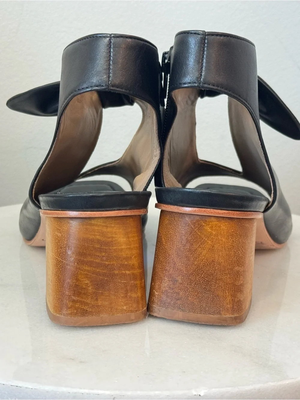 Bernardo Black Leather Open-Toe Knot Block Heel Sandals